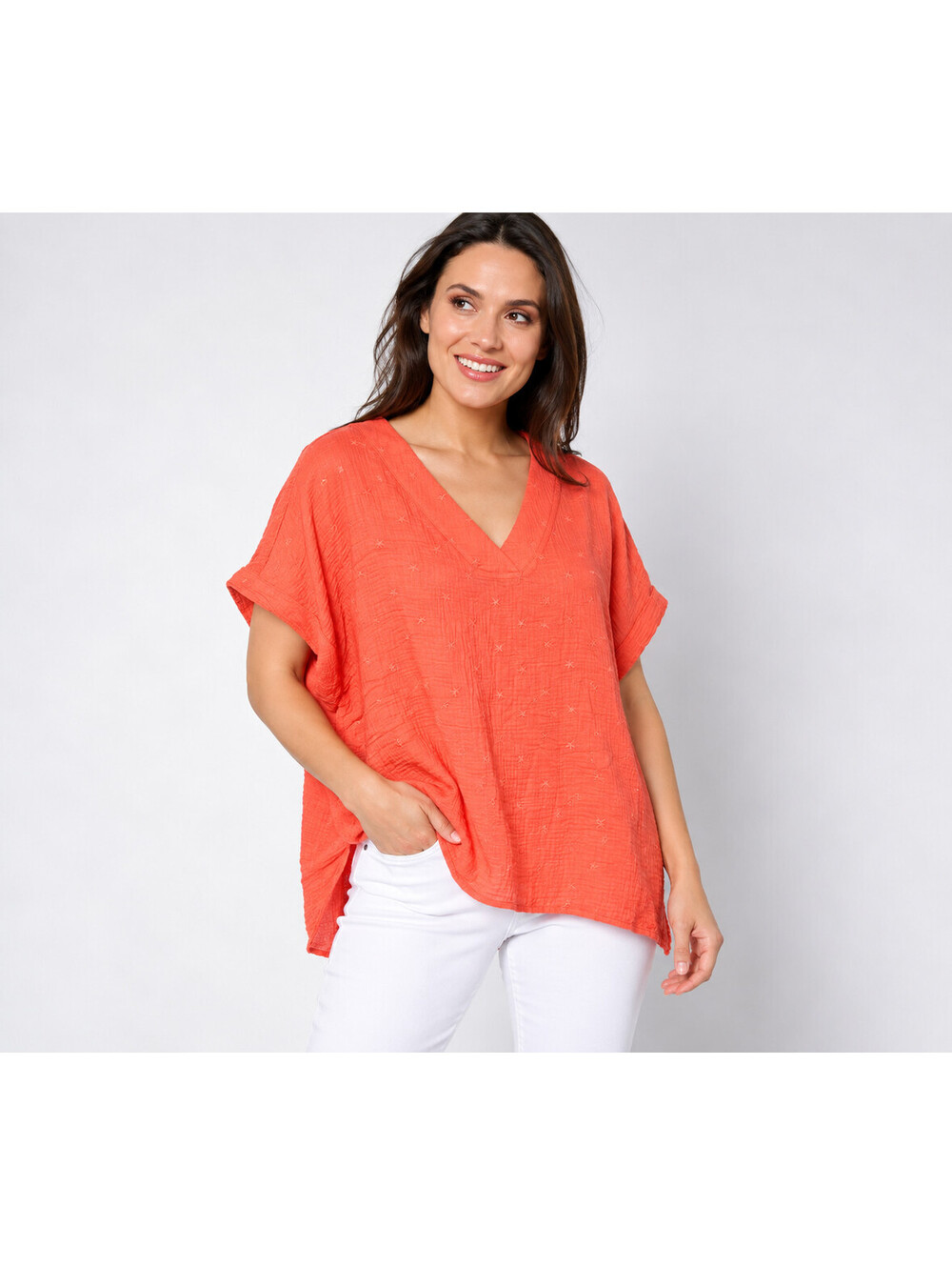 Belle Beach by Kim Gravel Star Spangled Gauze V-Neck Top SunKissed Coral Size 5X